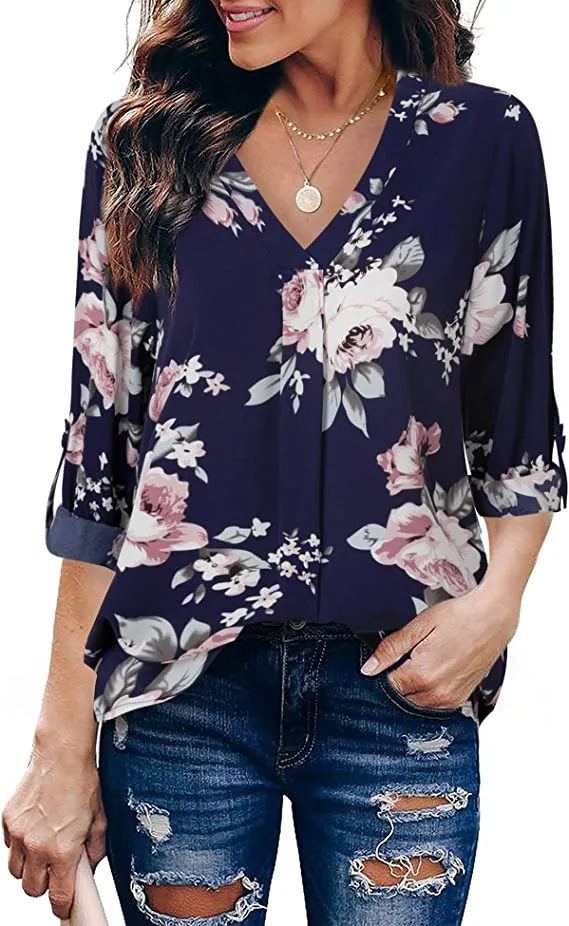 Army Green Womens 3/4 Cuffed Sleeve Chiffon Printed V Neck Casual Blouse Shirt Tops - Youtalia