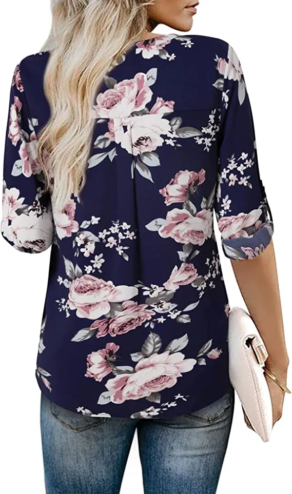 Army Green Womens 3/4 Cuffed Sleeve Chiffon Printed V Neck Casual Blouse Shirt Tops - Youtalia