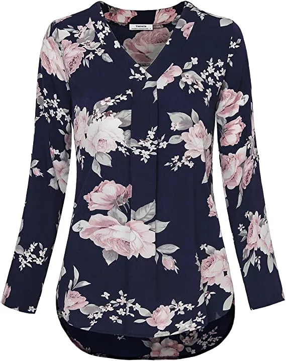 Army Green Womens 3/4 Cuffed Sleeve Chiffon Printed V Neck Casual Blouse Shirt Tops - Youtalia