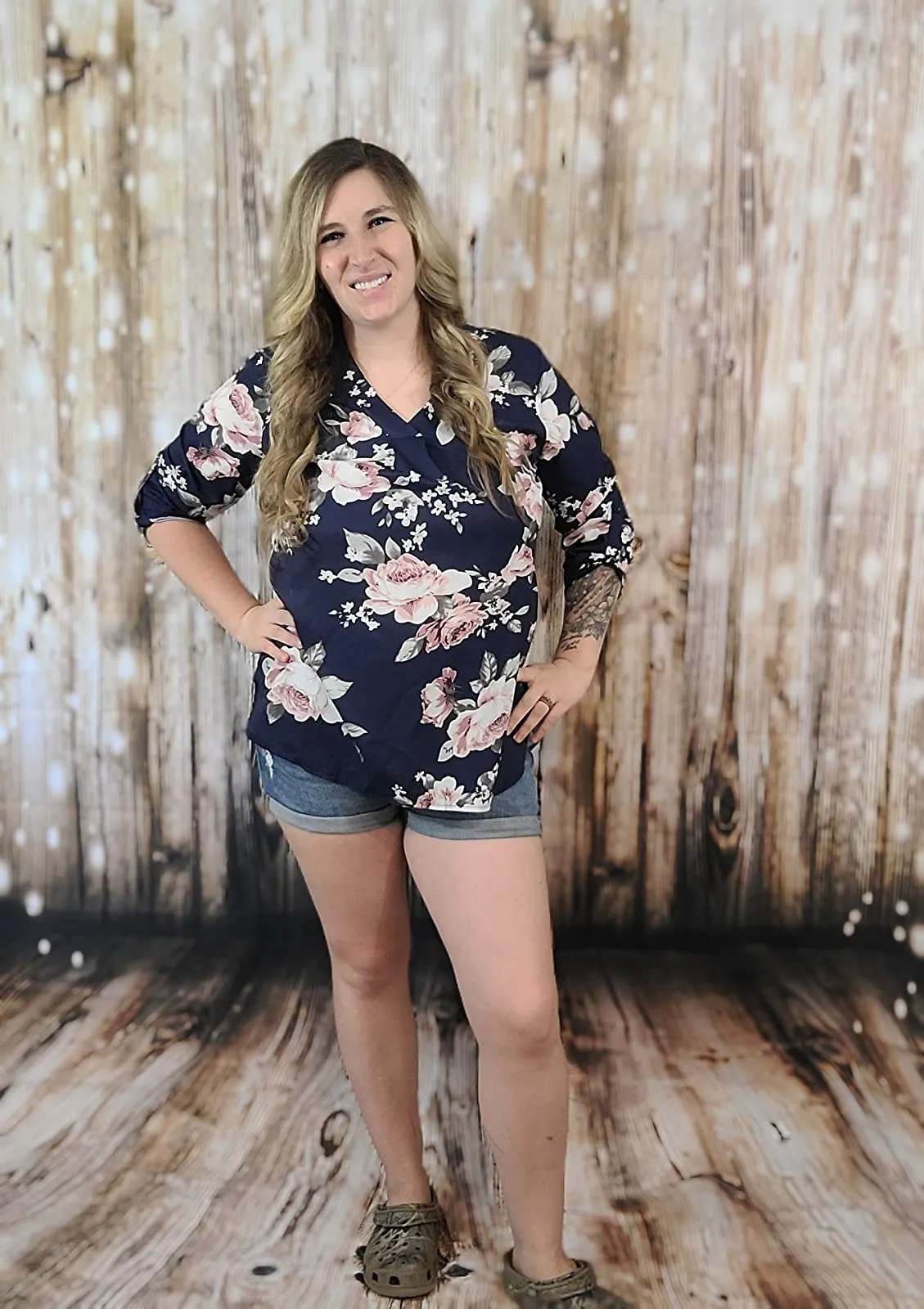 Army Green Womens 3/4 Cuffed Sleeve Chiffon Printed V Neck Casual Blouse Shirt Tops - Youtalia