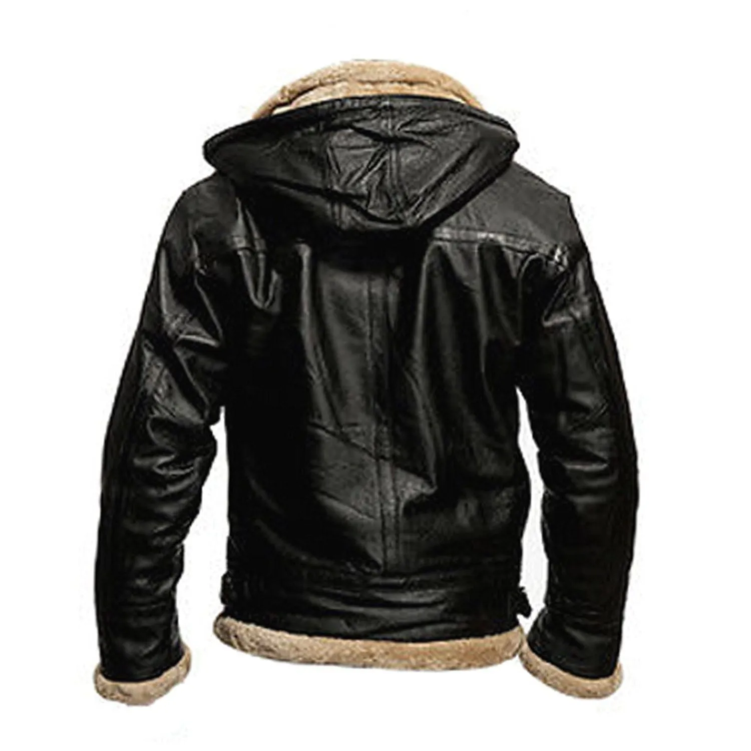 B3 Black Removable Hood Fur Shearling Genuine Leather Bomber Black Jacket For Men - Sale