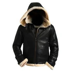 B3 Black Removable Hood Fur Shearling Genuine Leather Bomber Black Jacket For Men - Sale