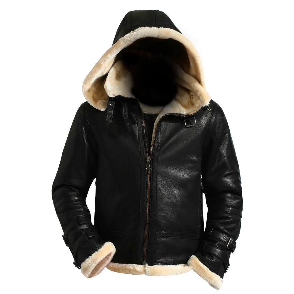 B3 Black Removable Hood Fur Shearling Genuine Leather Bomber Black Jacket For Men - Sale