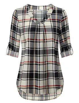 Black Beige Womens 3/4 Cuffed Sleeve Chiffon Printed V Neck Casual Blouse Shirt Tops - Youtalia