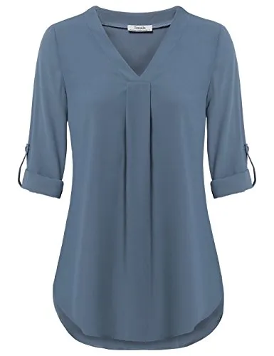Blue Grey Womens 3/4 Cuffed Sleeve Chiffon Printed V Neck Casual Blouse Shirt Tops - Youtalia