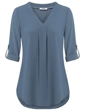 Blue Grey Womens 3/4 Cuffed Sleeve Chiffon Printed V Neck Casual Blouse Shirt Tops - Youtalia
