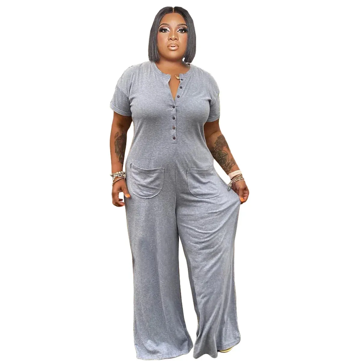 Cassi Loose Jumpsuit Buttons Crew Neck Short Sleeves Pockets Jumpsuit