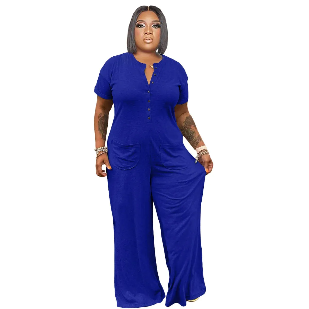 Cassi Loose Jumpsuit Buttons Crew Neck Short Sleeves Pockets Jumpsuit