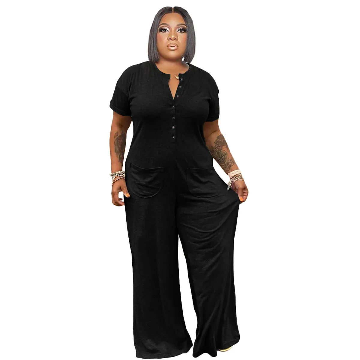 Cassi Loose Jumpsuit Buttons Crew Neck Short Sleeves Pockets Jumpsuit