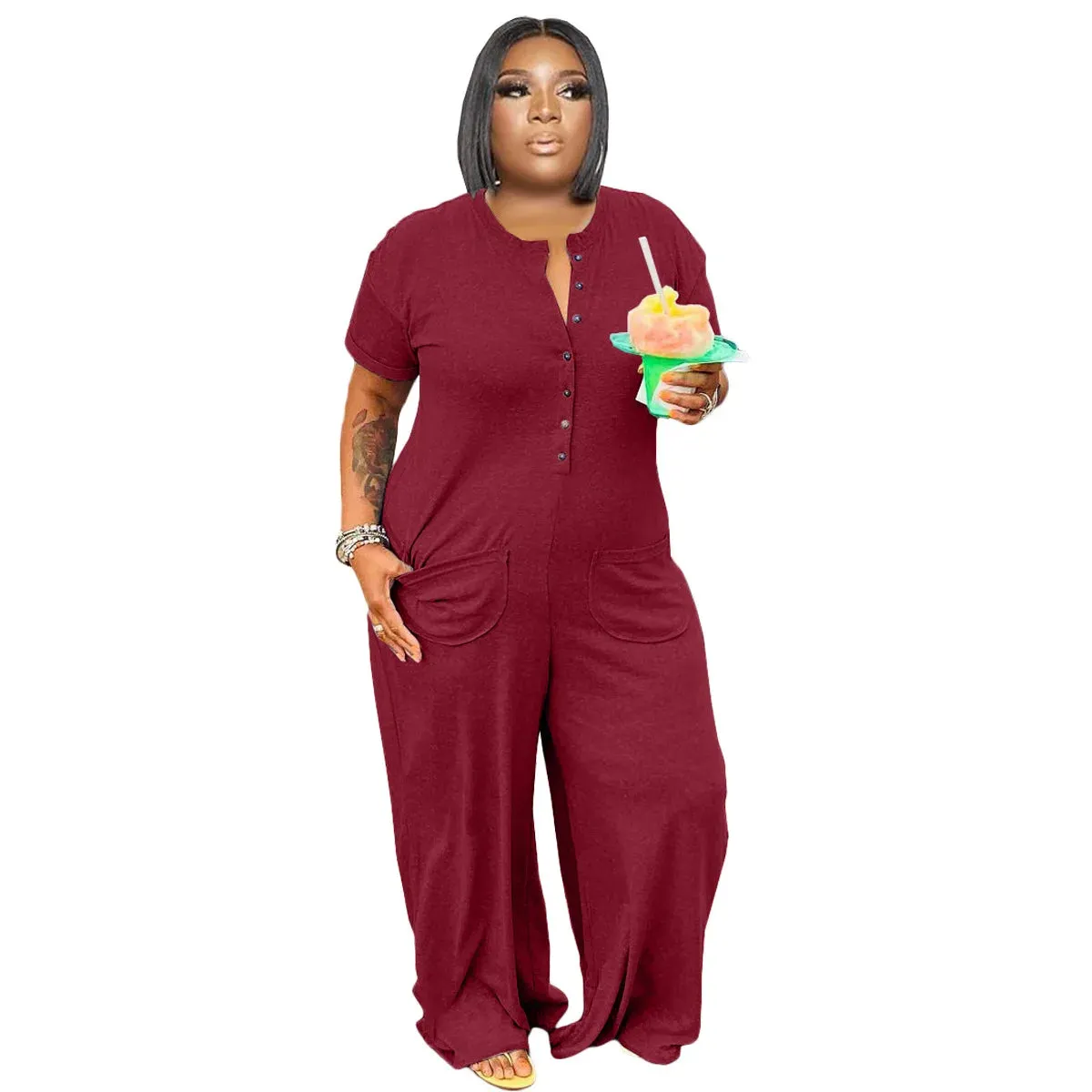Cassi Loose Jumpsuit Buttons Crew Neck Short Sleeves Pockets Jumpsuit