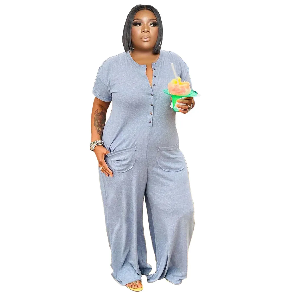 Cassi Loose Jumpsuit Buttons Crew Neck Short Sleeves Pockets Jumpsuit