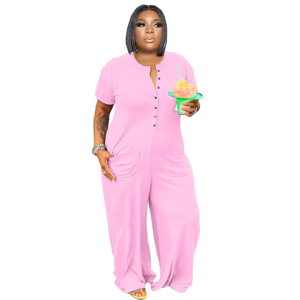 Cassi Loose Jumpsuit Buttons Crew Neck Short Sleeves Pockets Jumpsuit