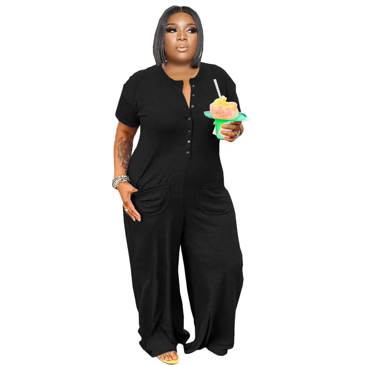 Cassi Loose Jumpsuit Buttons Crew Neck Short Sleeves Pockets Jumpsuit