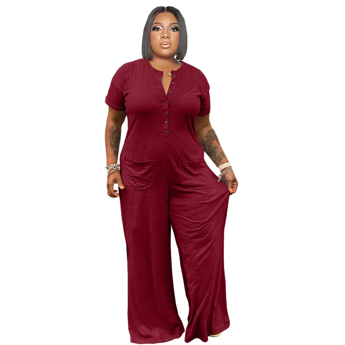 Cassi Loose Jumpsuit Buttons Crew Neck Short Sleeves Pockets Jumpsuit
