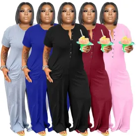 Cassi Loose Jumpsuit Buttons Crew Neck Short Sleeves Pockets Jumpsuit