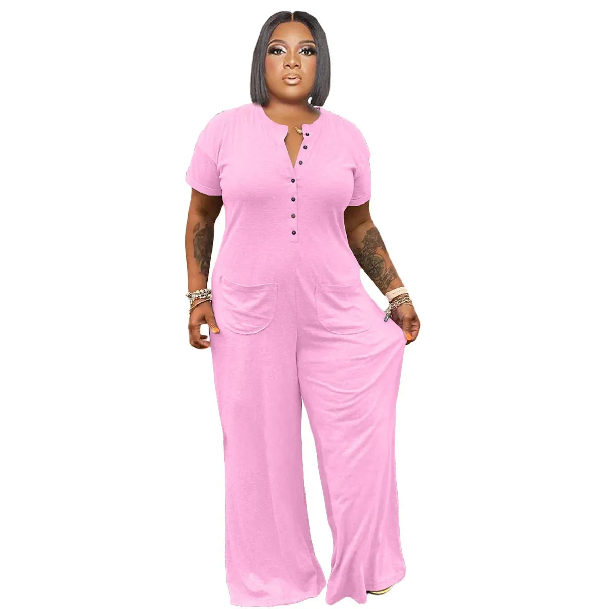Cassi Loose Jumpsuit Buttons Crew Neck Short Sleeves Pockets Jumpsuit