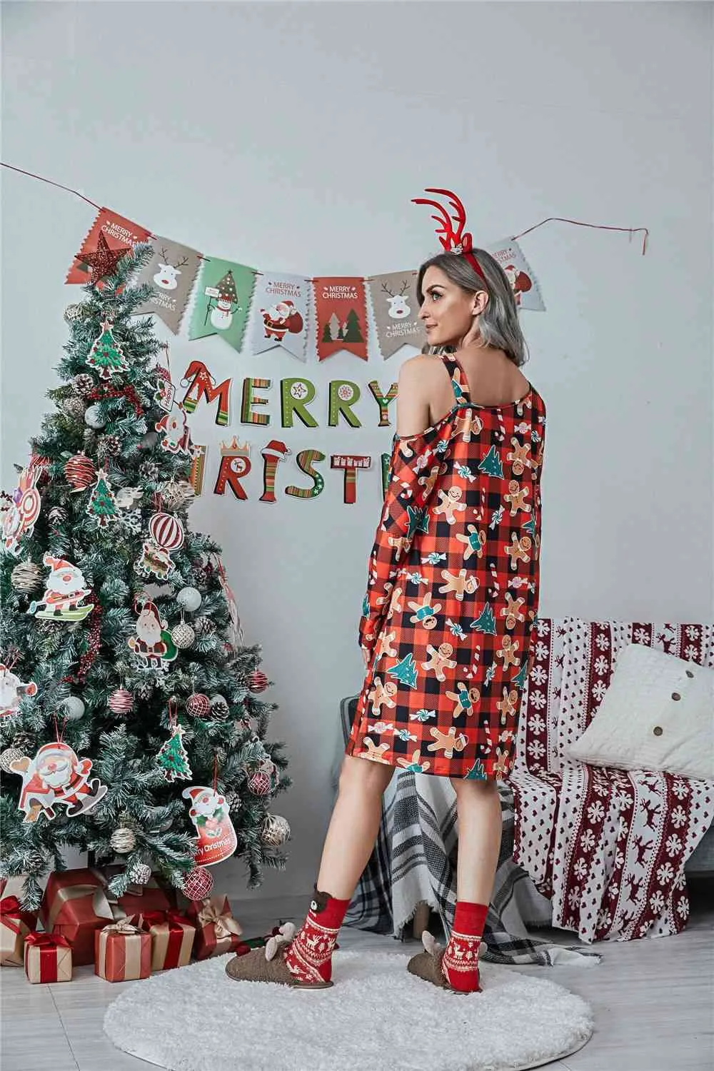 Christmas Asymmetrical Neck Long Sleeve Dress by VYSN