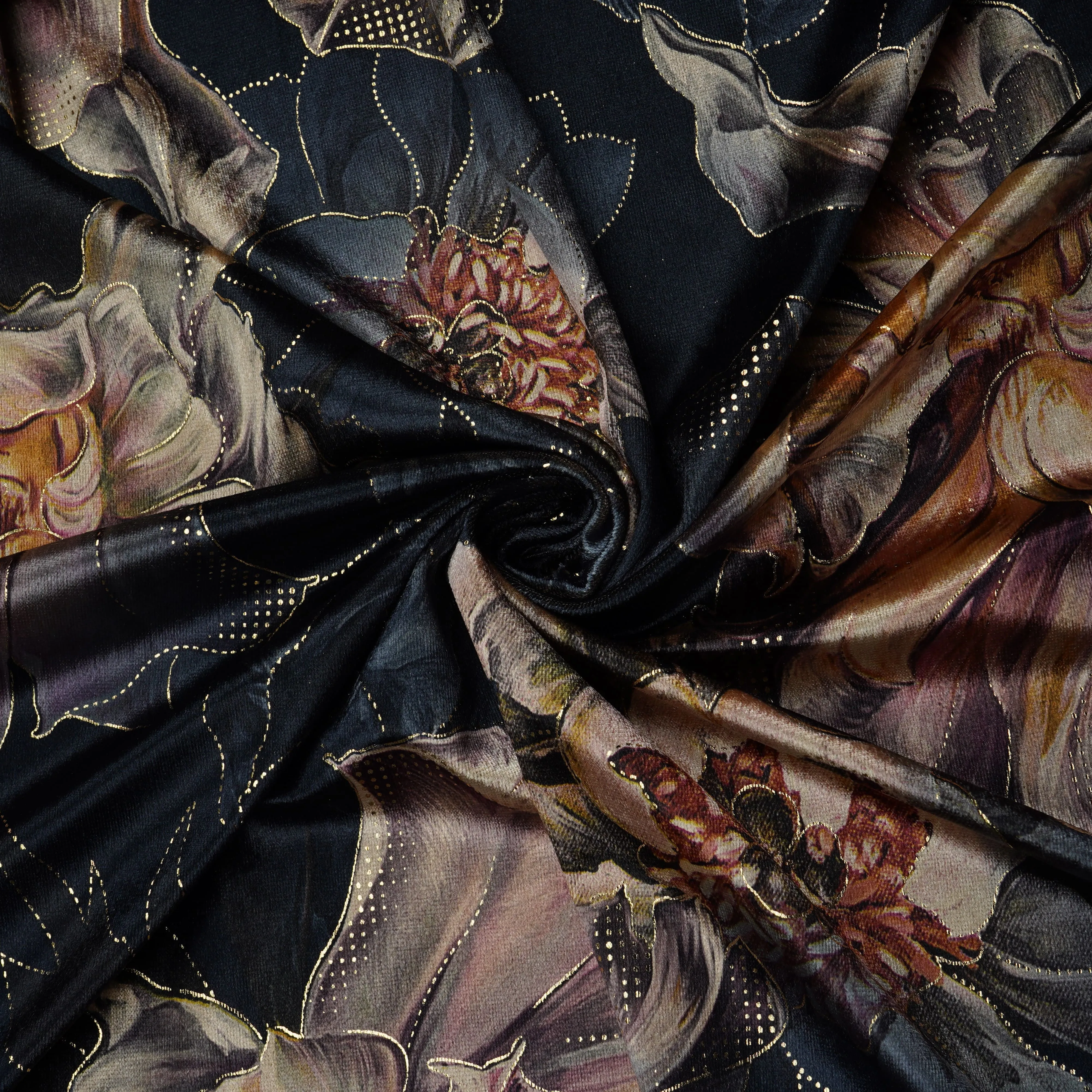 Dark Grey Floral Print Velvet Silk Fabric 20397