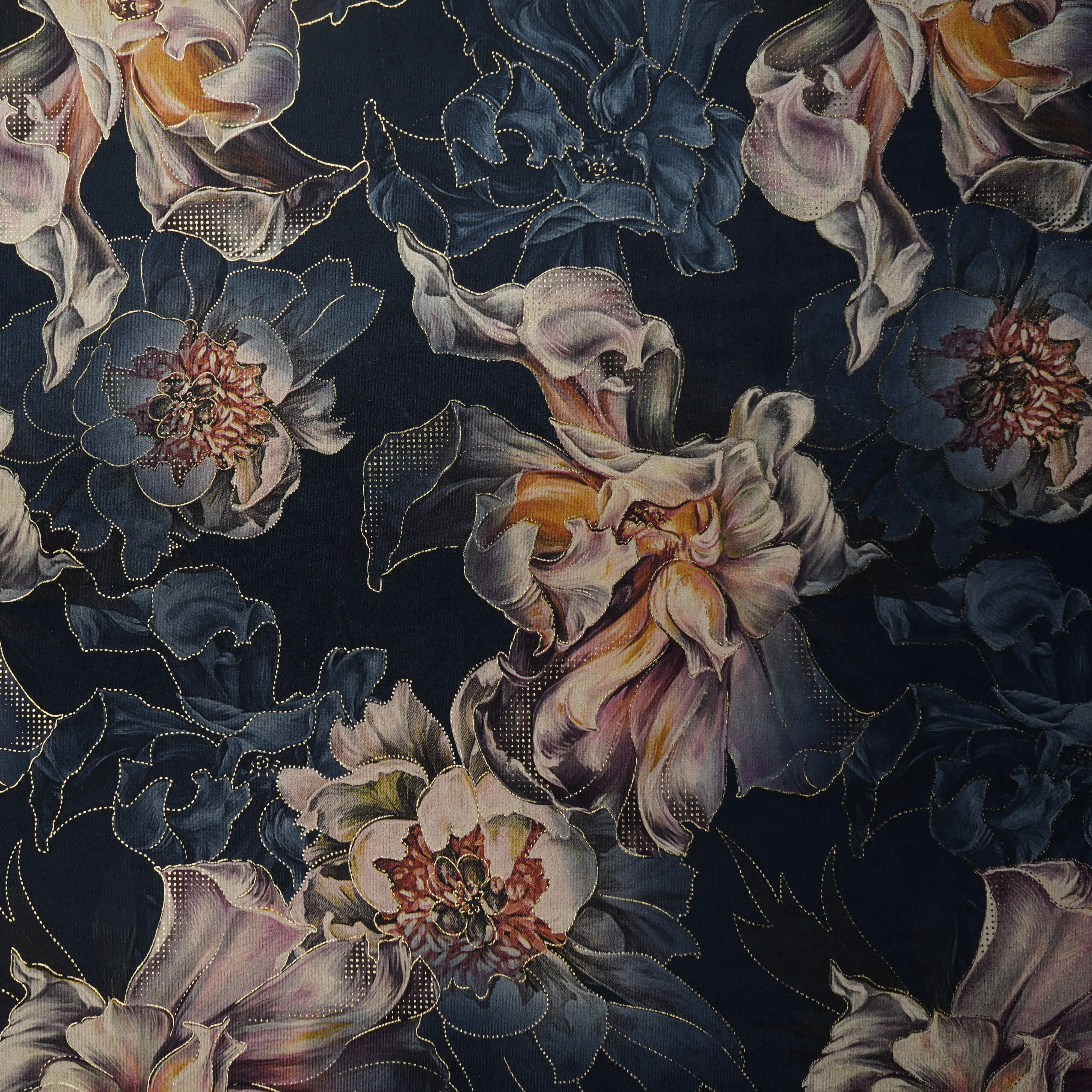 Dark Grey Floral Print Velvet Silk Fabric 20397