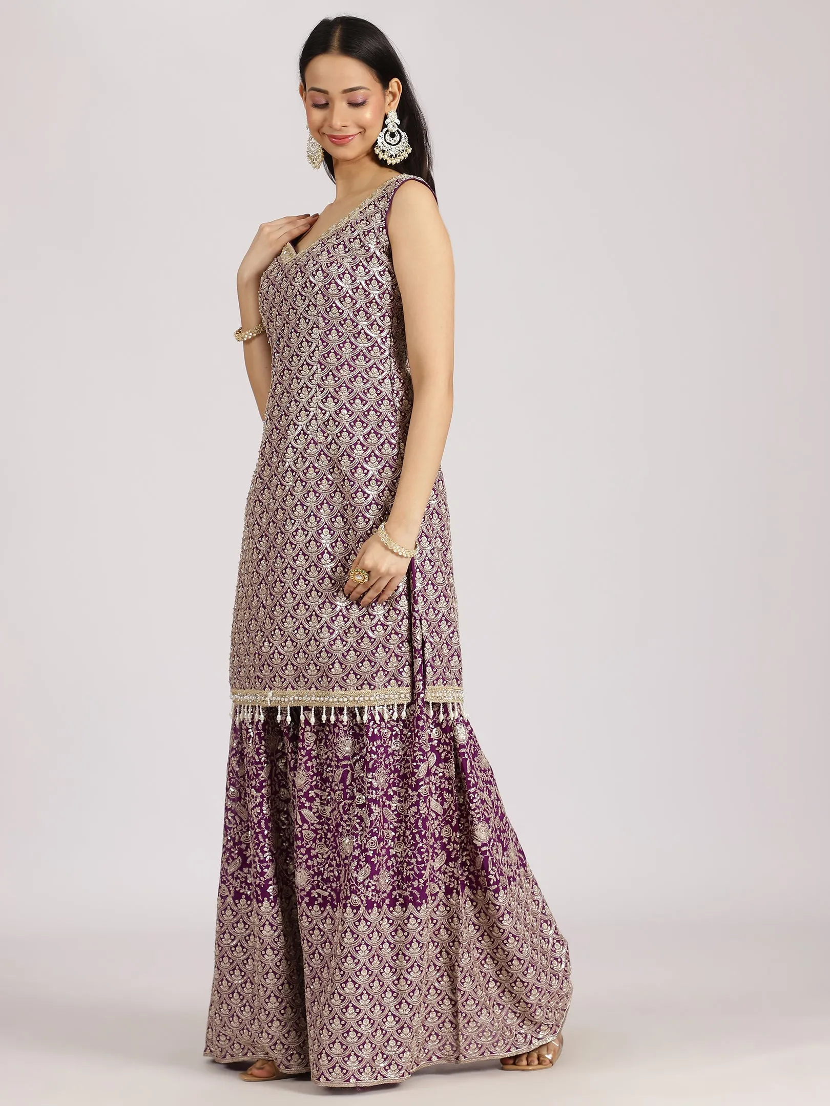Embellished Purple Sharara Suit with Dupatta