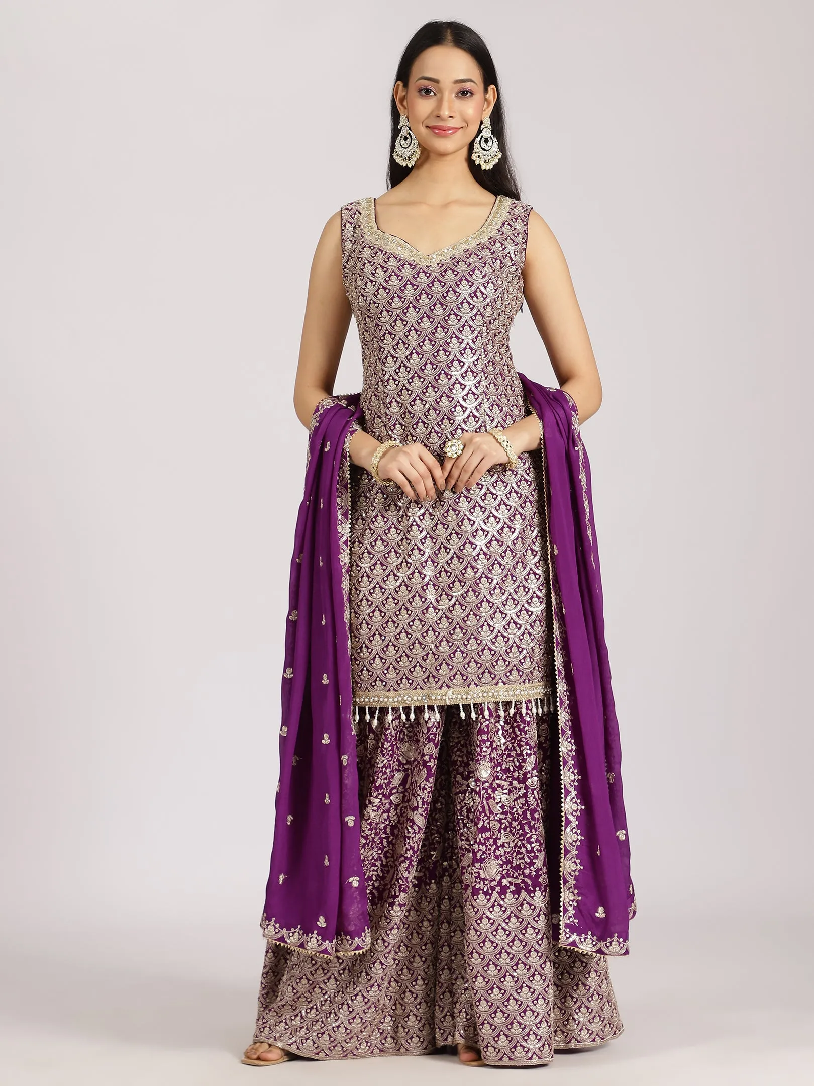 Embellished Purple Sharara Suit with Dupatta