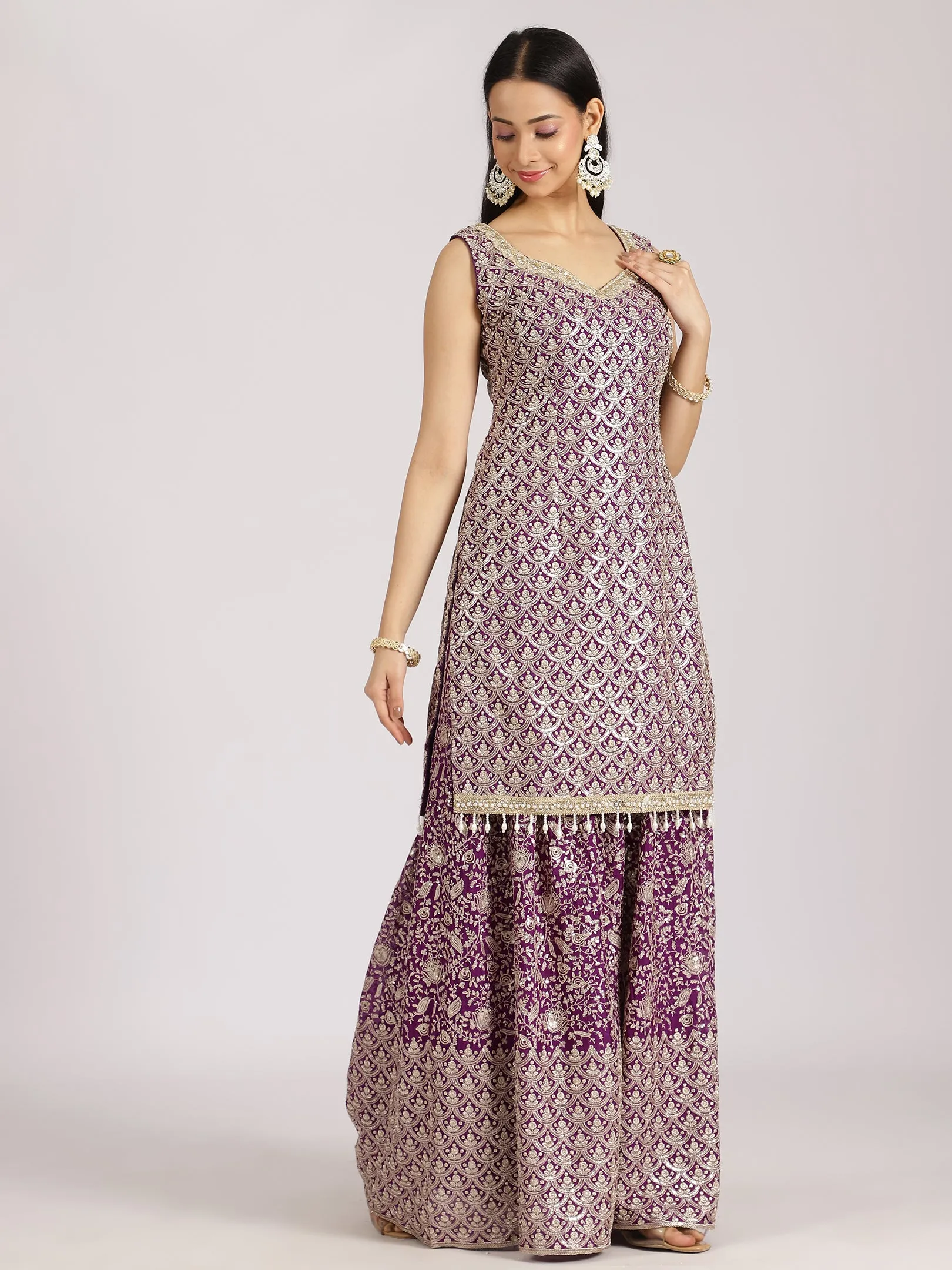 Embellished Purple Sharara Suit with Dupatta