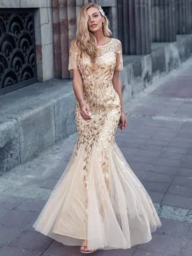 Floral Sequin Print Maxi Long Fishtail Tulle Dresses With Half Sleeve