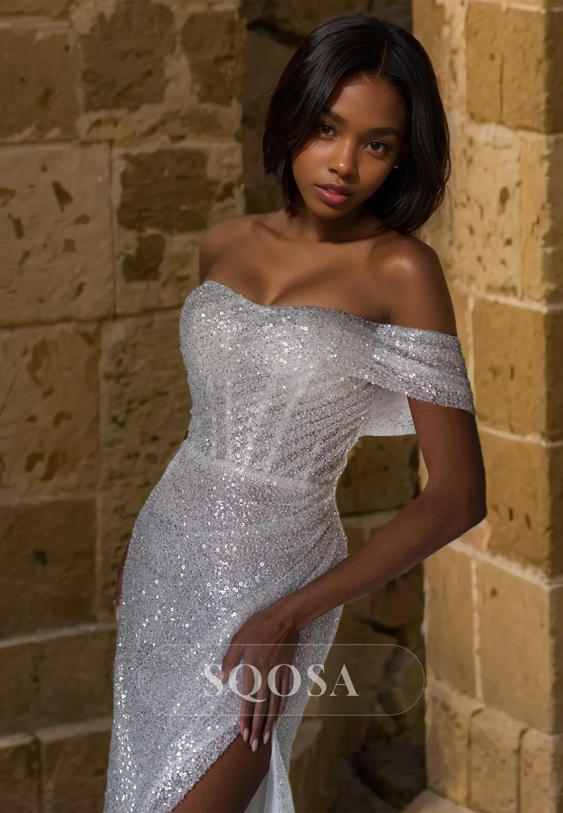 Fully Sequined High Slit Bride Gowns with Sweep Train Sweetheart Sleeveless Mermaid Wedding Dress