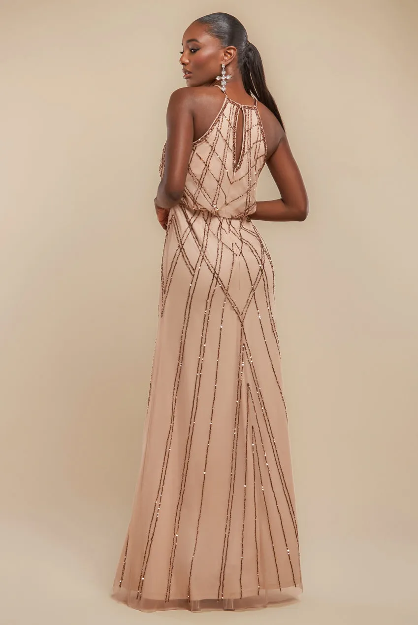Goddiva Racer Neck Sleeveless Hand Embellished Sequin Maxi Dress