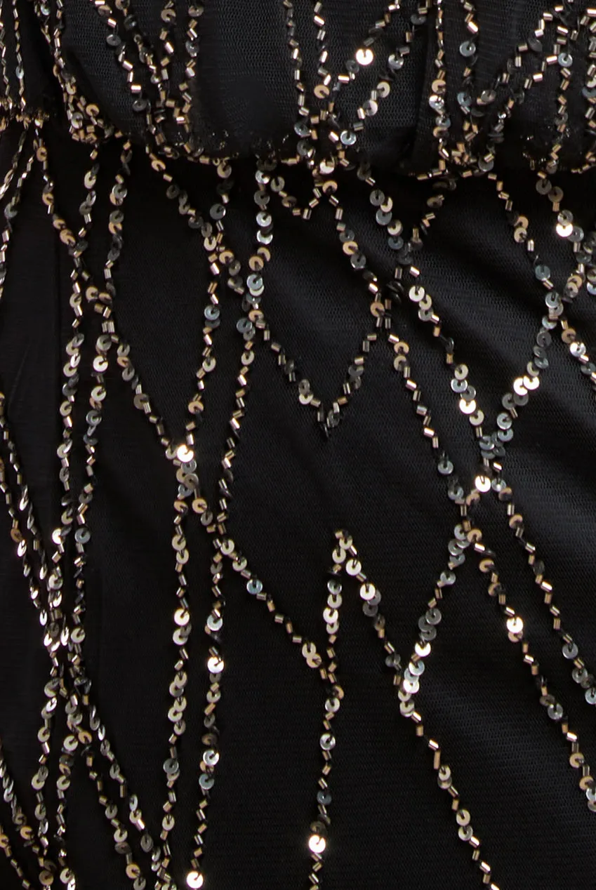 Goddiva Racer Neck Sleeveless Hand Embellished Sequin Maxi Dress