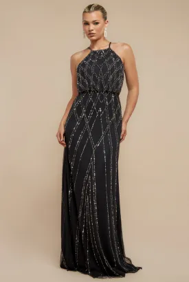 Goddiva Racer Neck Sleeveless Hand Embellished Sequin Maxi Dress