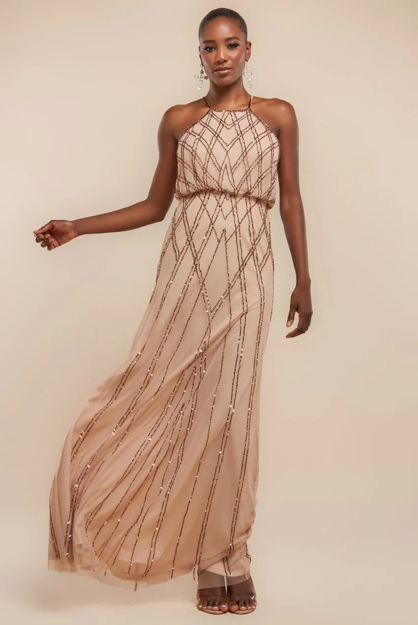 Goddiva Racer Neck Sleeveless Hand Embellished Sequin Maxi Dress