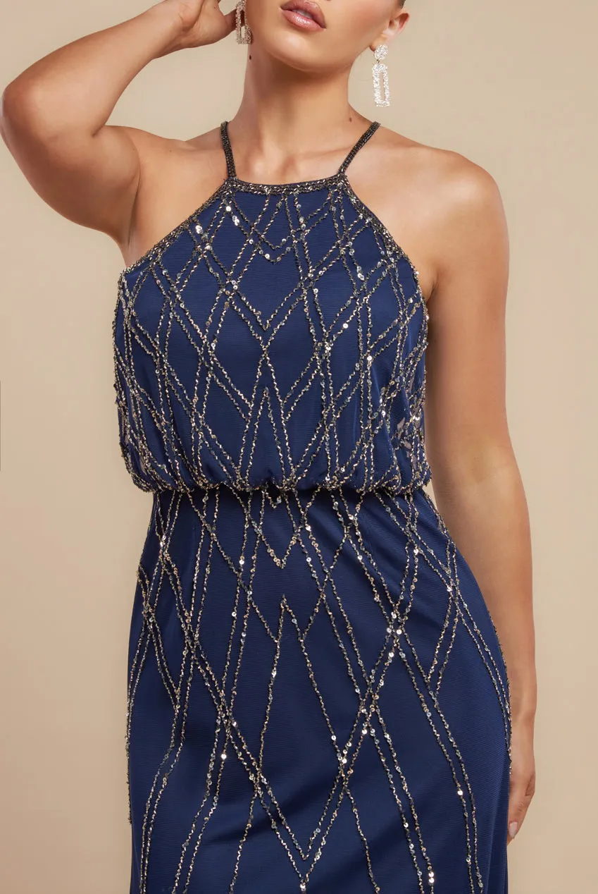 Goddiva Racer Neck Sleeveless Hand Embellished Sequin Maxi Dress
