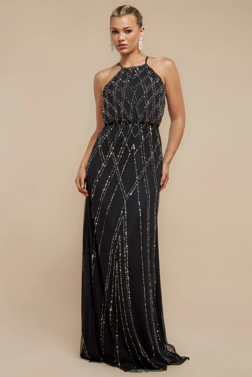 Goddiva Racer Neck Sleeveless Hand Embellished Sequin Maxi Dress