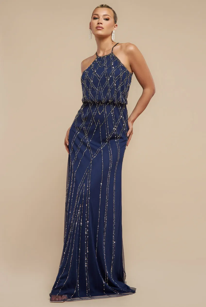 Goddiva Racer Neck Sleeveless Hand Embellished Sequin Maxi Dress