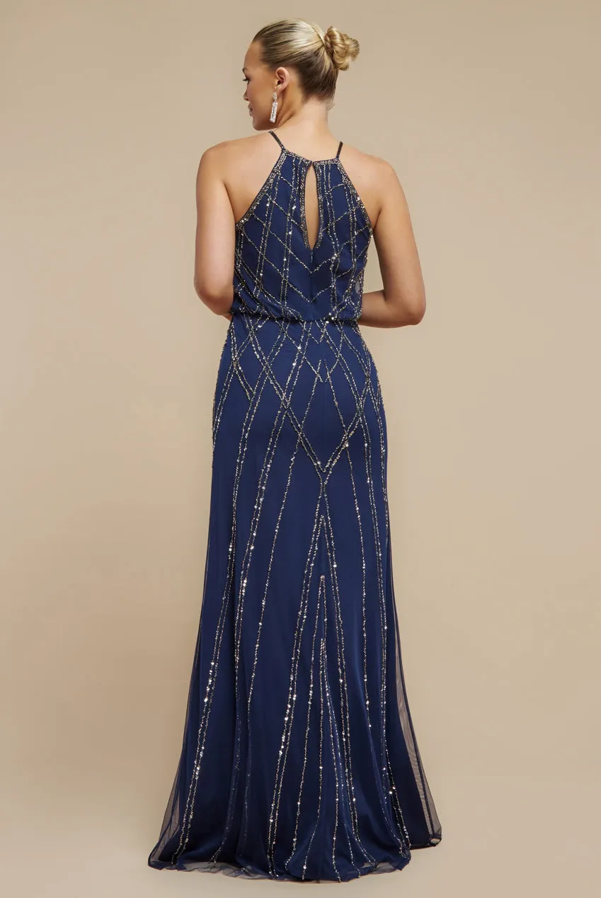 Goddiva Racer Neck Sleeveless Hand Embellished Sequin Maxi Dress