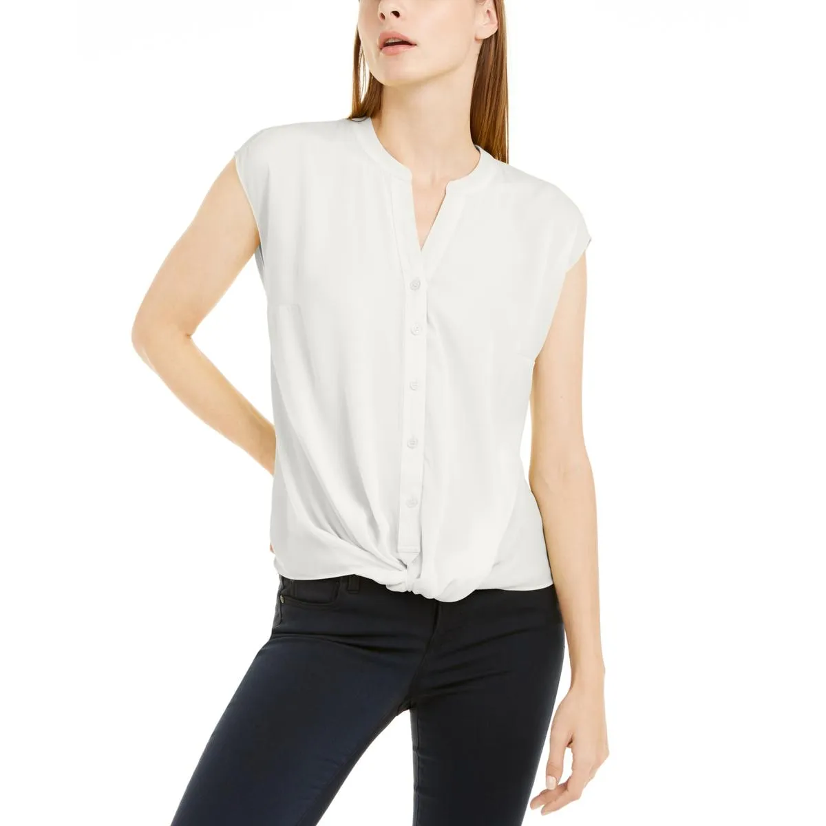 INC Womens Chiffon Cap Sleeves Button-Down Top