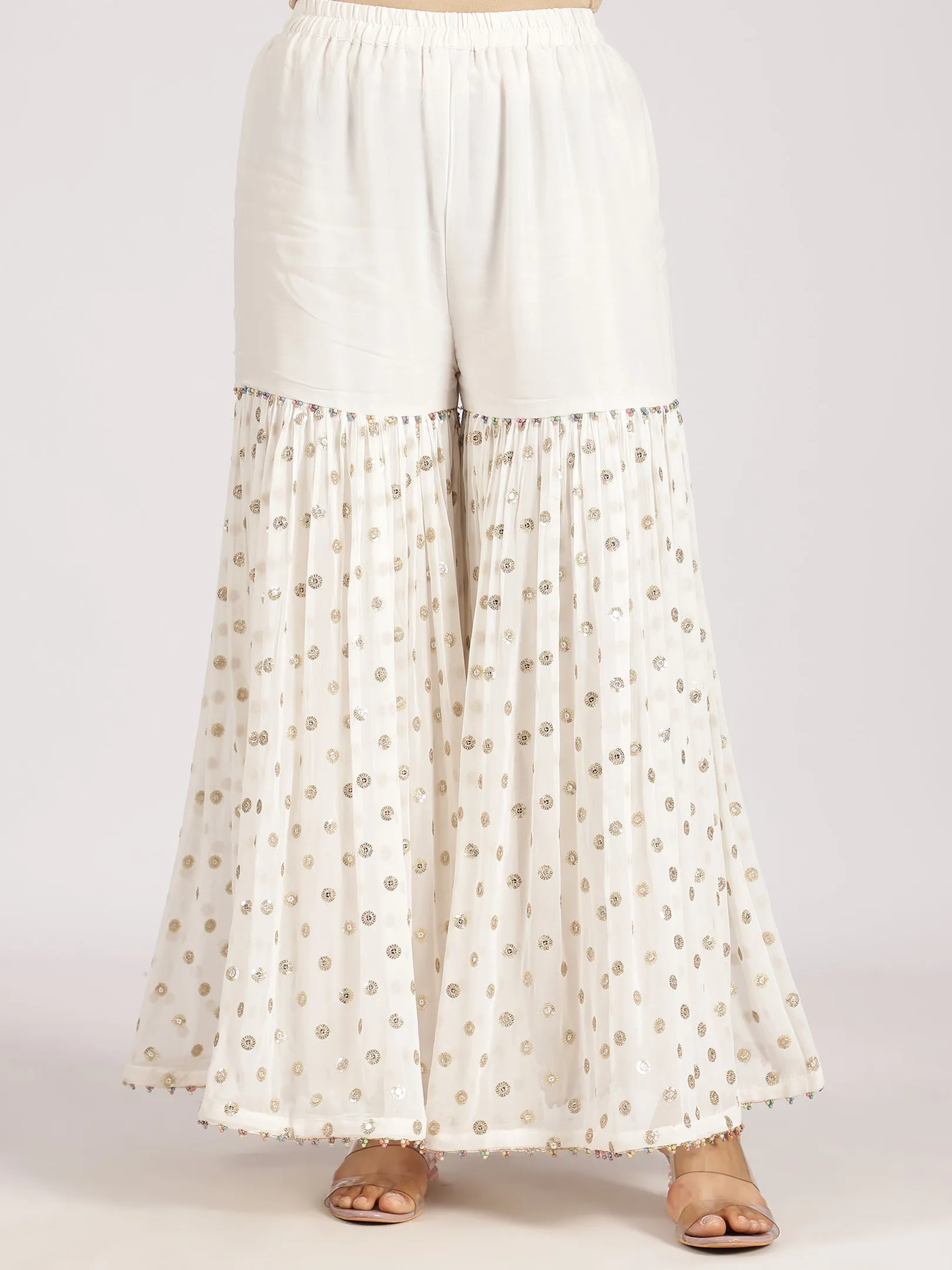 Ivory Printed & Embroidered Sharara Set with Mirror Work Detailing
