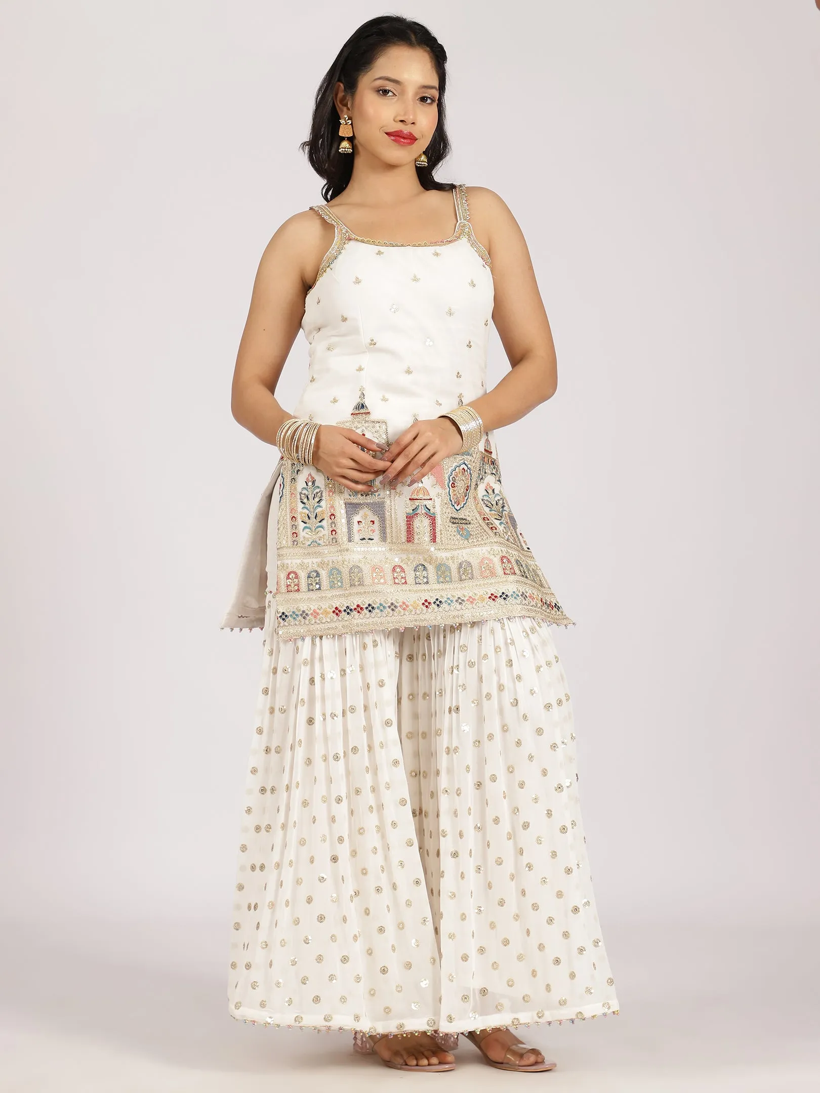 Ivory Printed & Embroidered Sharara Set with Mirror Work Detailing