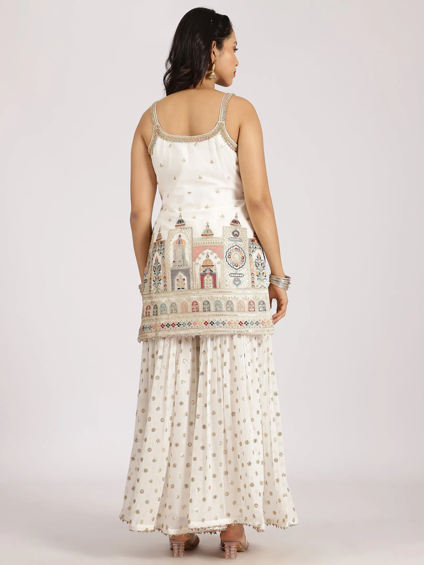 Ivory Printed & Embroidered Sharara Set with Mirror Work Detailing