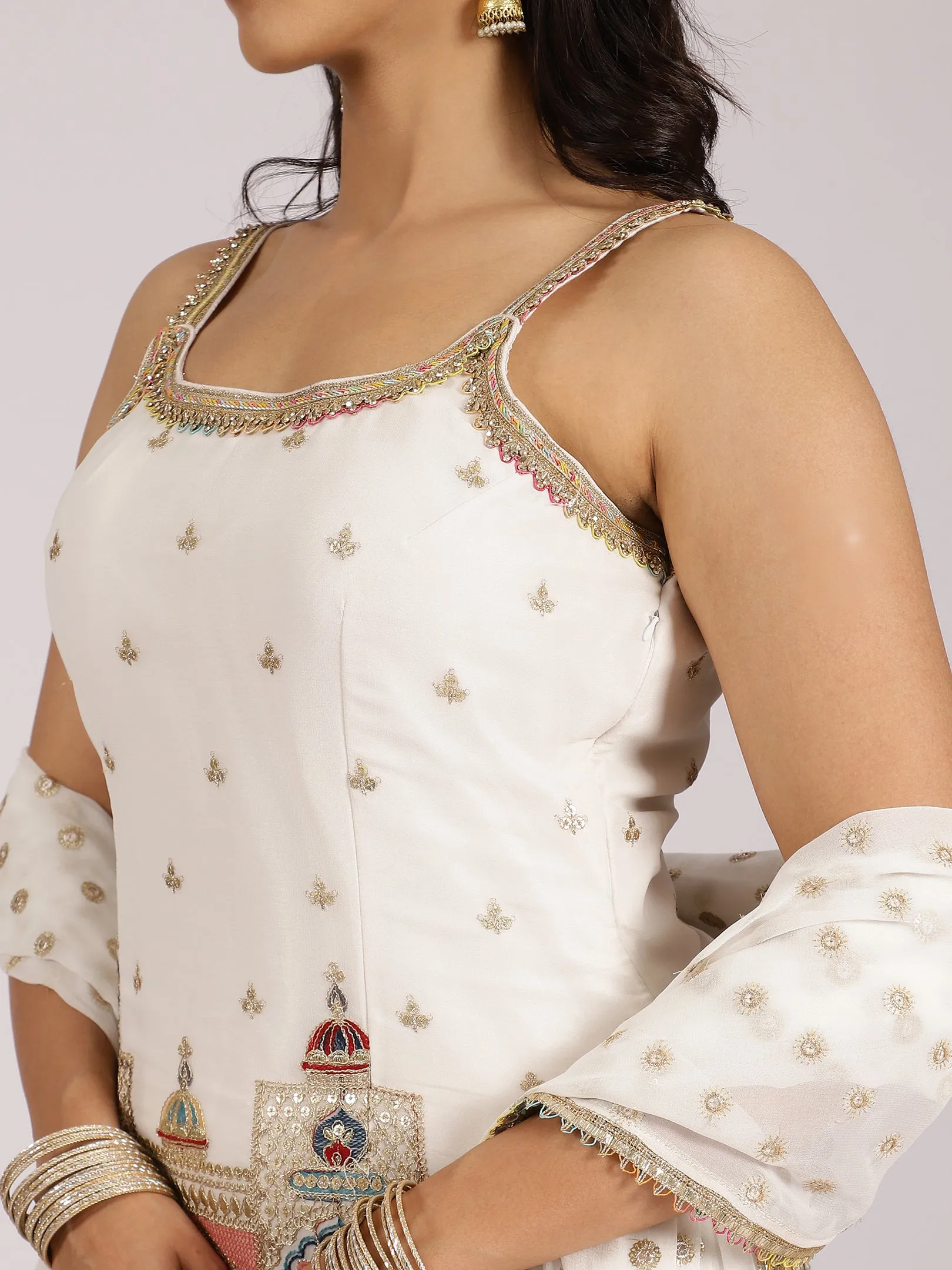 Ivory Printed & Embroidered Sharara Set with Mirror Work Detailing