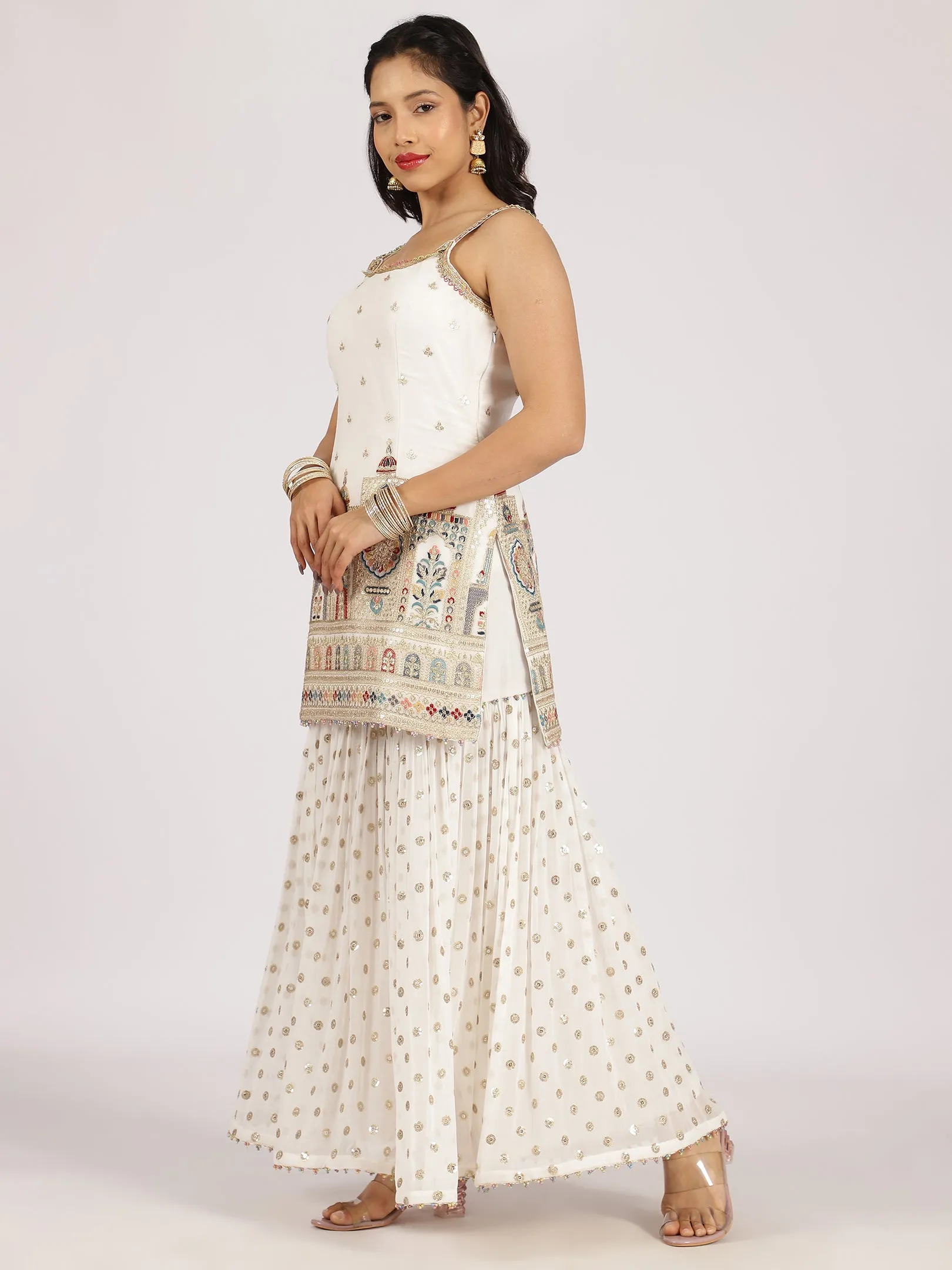 Ivory Printed & Embroidered Sharara Set with Mirror Work Detailing