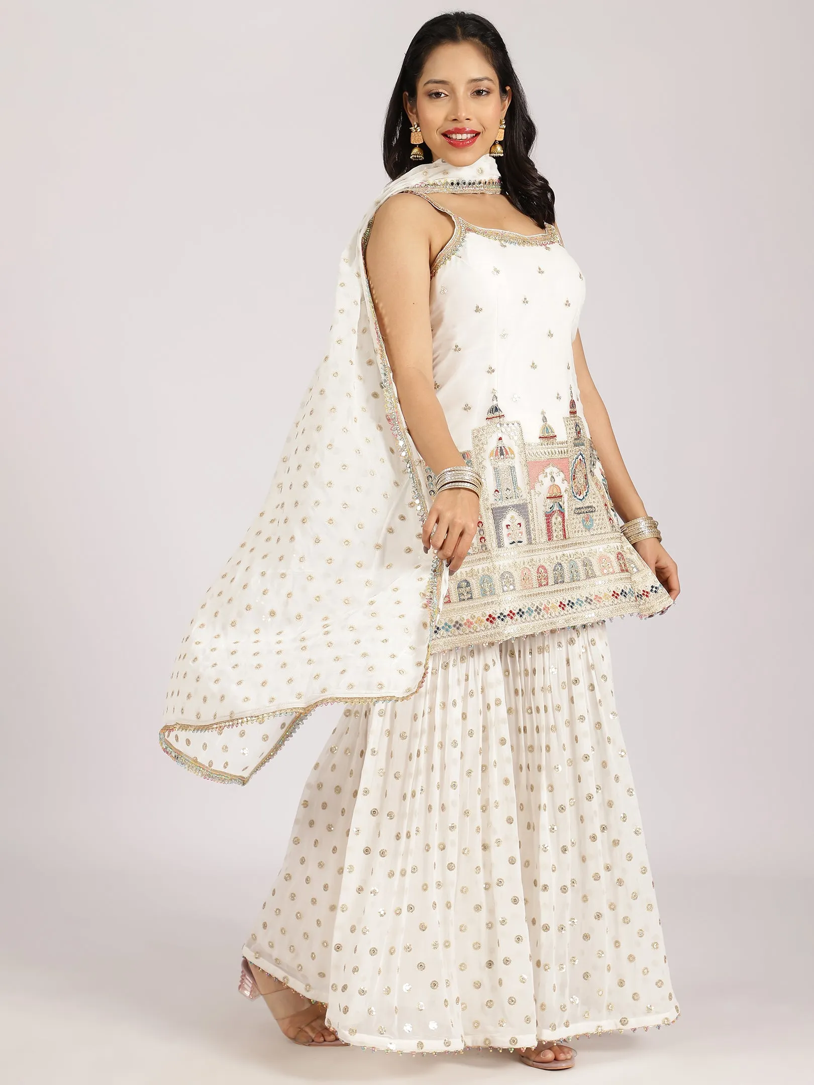 Ivory Printed & Embroidered Sharara Set with Mirror Work Detailing