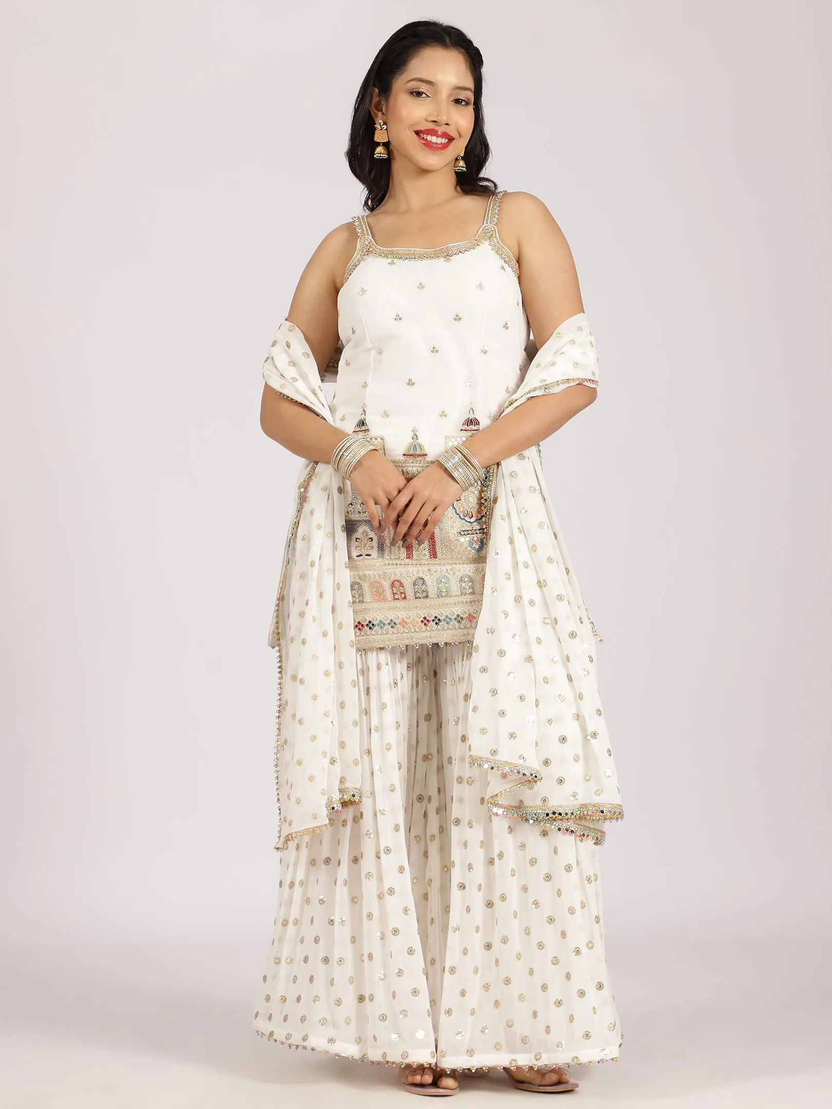 Ivory Printed & Embroidered Sharara Set with Mirror Work Detailing