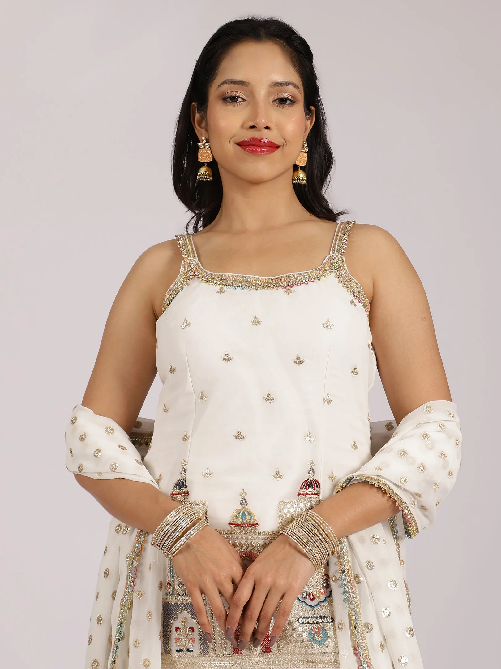 Ivory Printed & Embroidered Sharara Set with Mirror Work Detailing