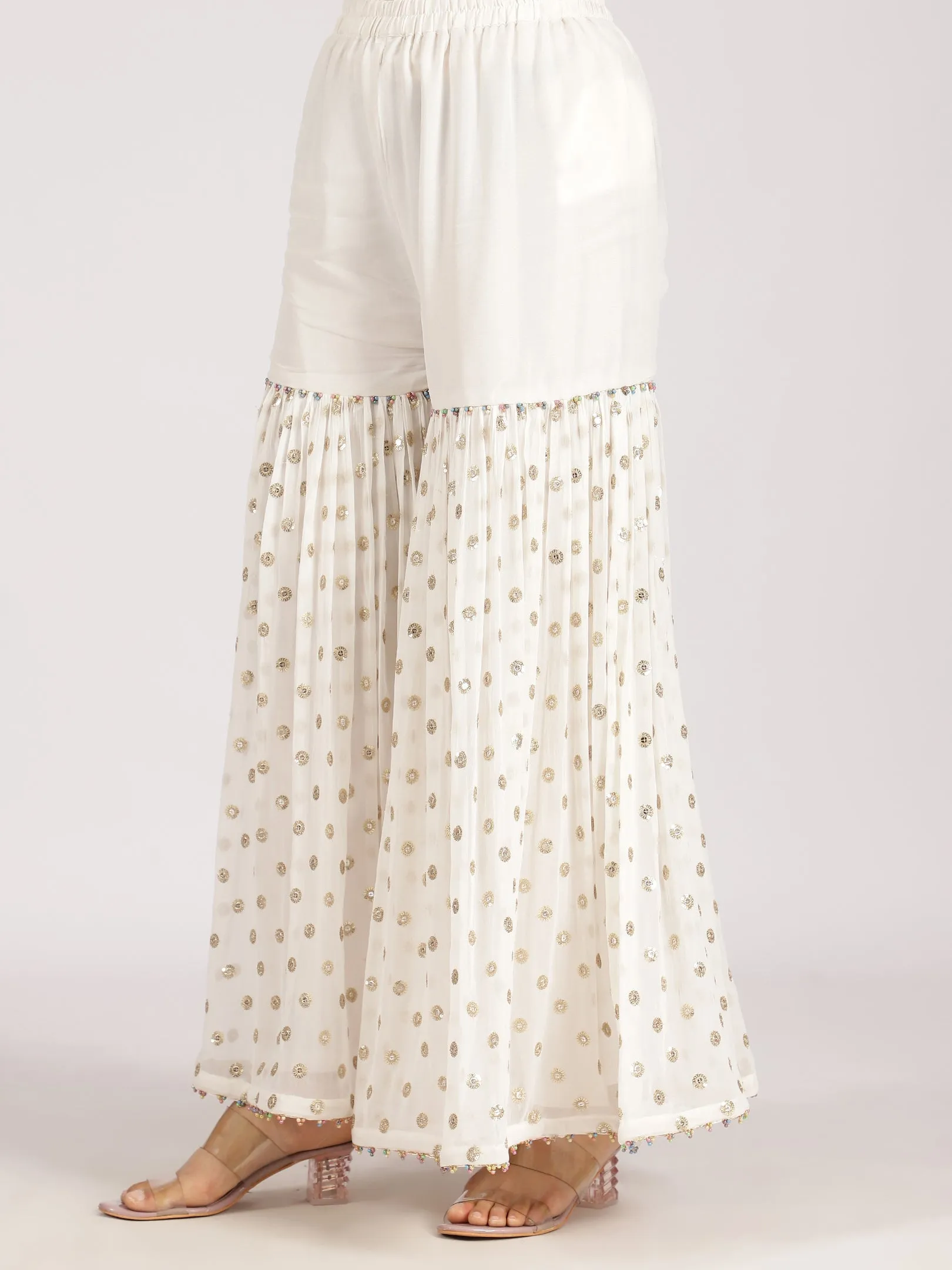 Ivory Printed & Embroidered Sharara Set with Mirror Work Detailing