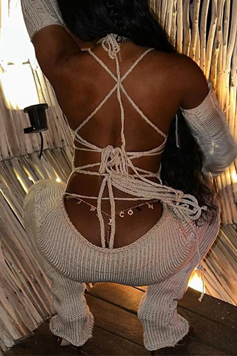 JE137 Halter Crochet Jumpsuits