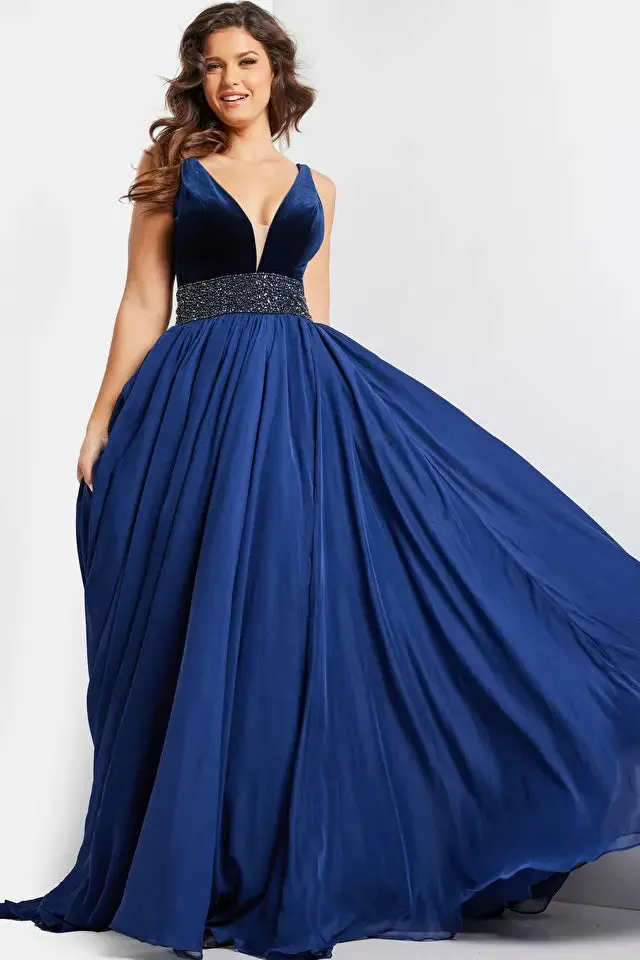 Jovani 26201 Embellished Belt V-Neck Gown - Special Occasion