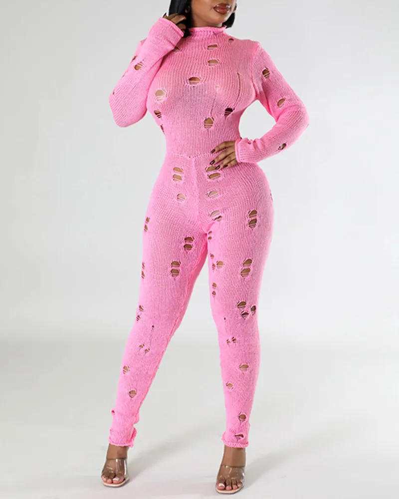 Long-Sleeved Knitted Holes In Slimming Jumpsuits