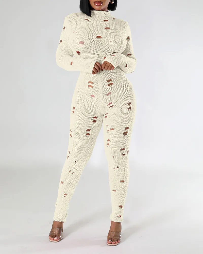 Long-Sleeved Knitted Holes In Slimming Jumpsuits